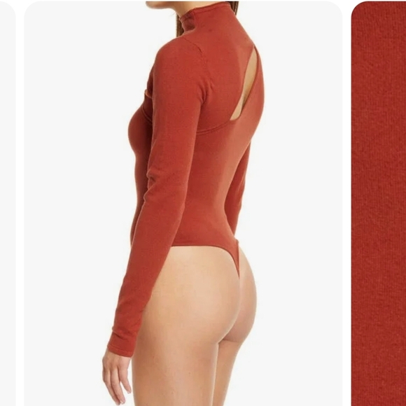 Good American Slit Shoulder Cut Out Longsleeve Bodysuit Sweater Thong SZ 8 Rust - Picture 15 of 16